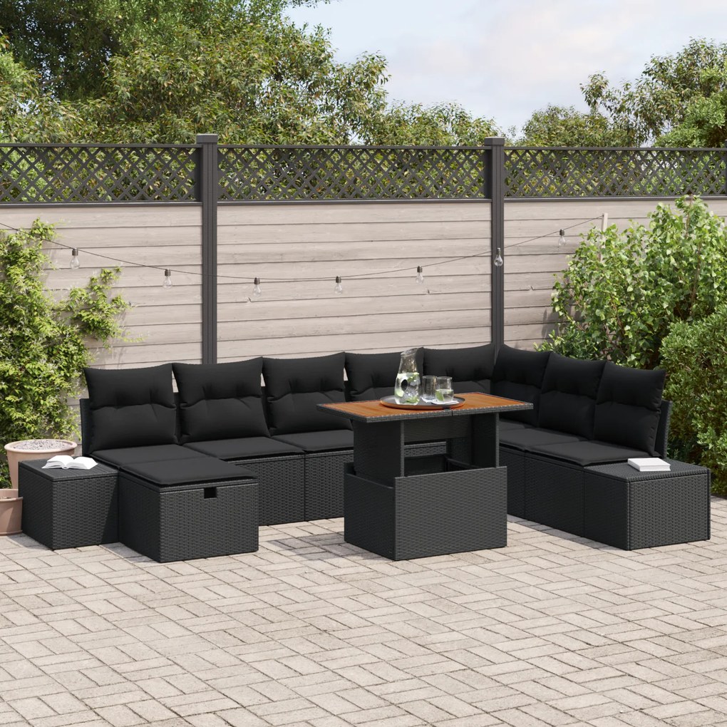 Conjunto de Sofá de Jardim 9 Peças com Almofadas Preto em Rattan Polié