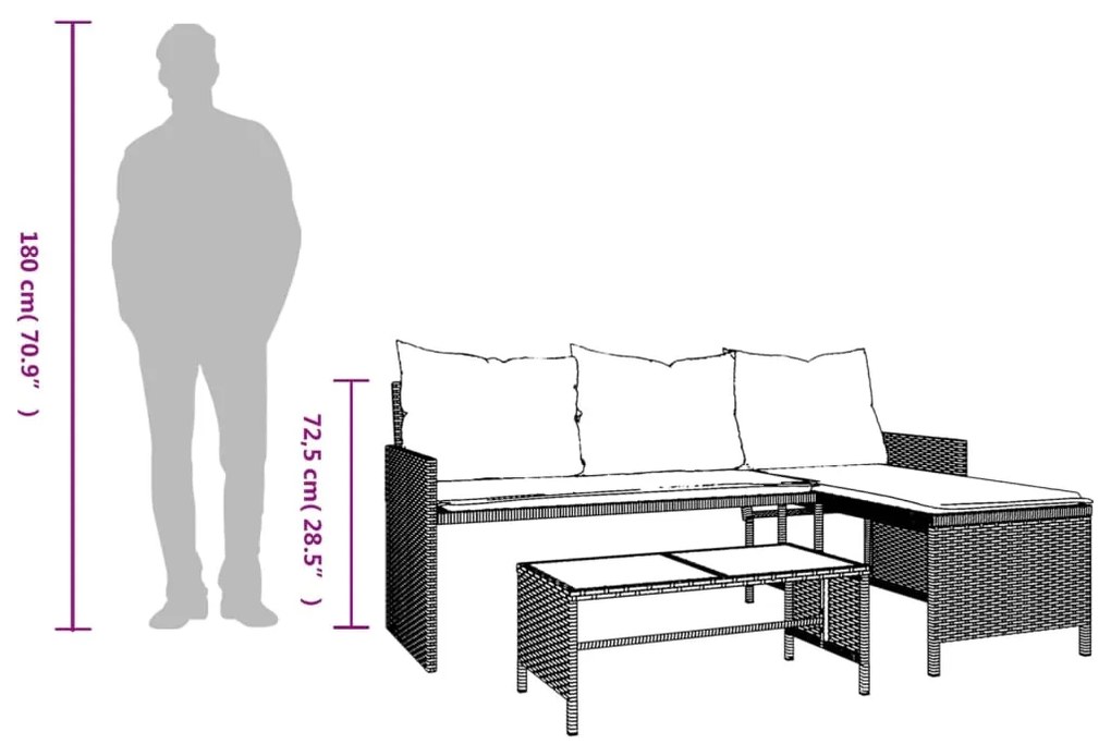 Sofá de jardim forma de L c/ mesa e almofadões vime PE cinzento