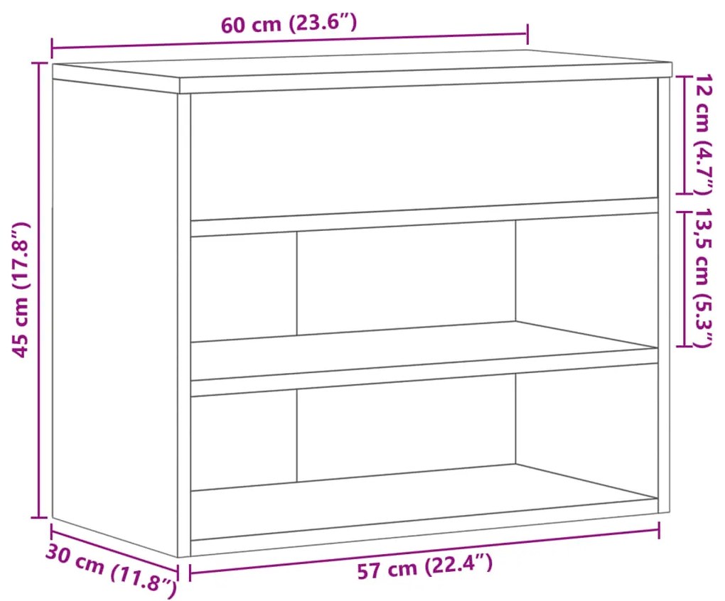 Banco sapateira 60x30x45cm derivados de madeira cinzento sonoma