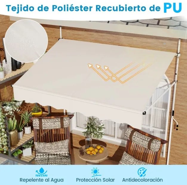 Toldo retrátil manual 2 m x 3 m Toldo exterior com altura ajustável Manivela e sem perfuração para janela Porta Terraço Branco