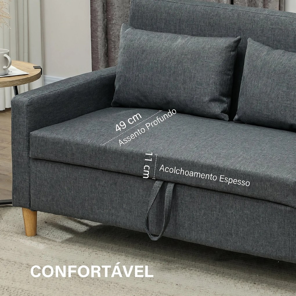 Sofá 2 Lugares Estofado em Linho Sintético com 2 Almofadas Espaço de Armazenamento Bolsos Laterais 135x71x84 cm Cinza Escuro