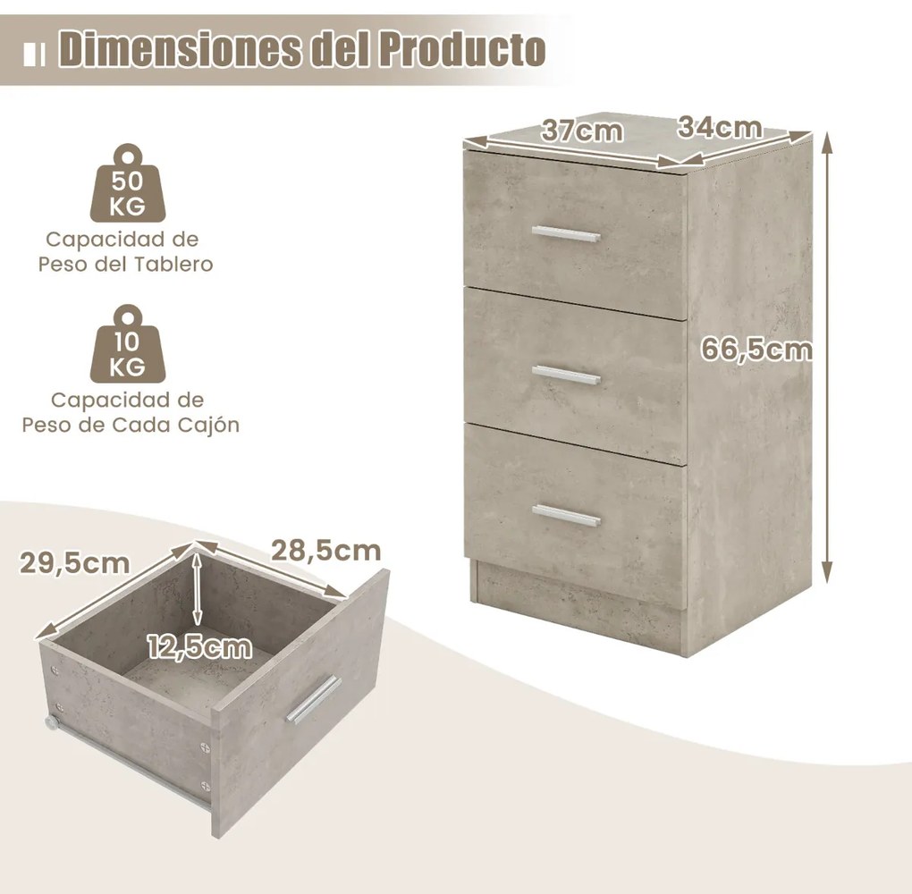 Mesa de cabeceira com 3 gavetas 37 x 34 x 66,5 cm Cinza