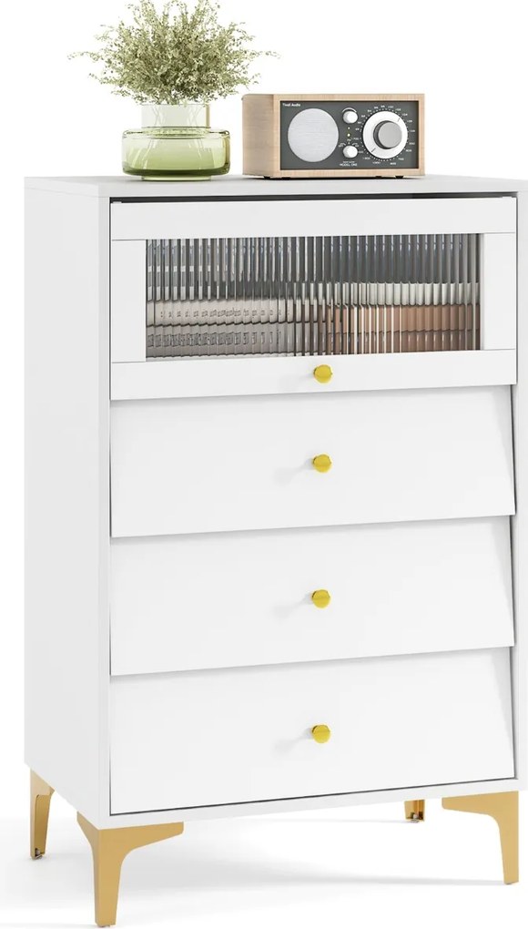 Cómoda 3 gavetas moderna 60 x 40 x 95,5 cm cm com porta de vidro canelado e gavetas extraíveis Pernas metálicas Branca