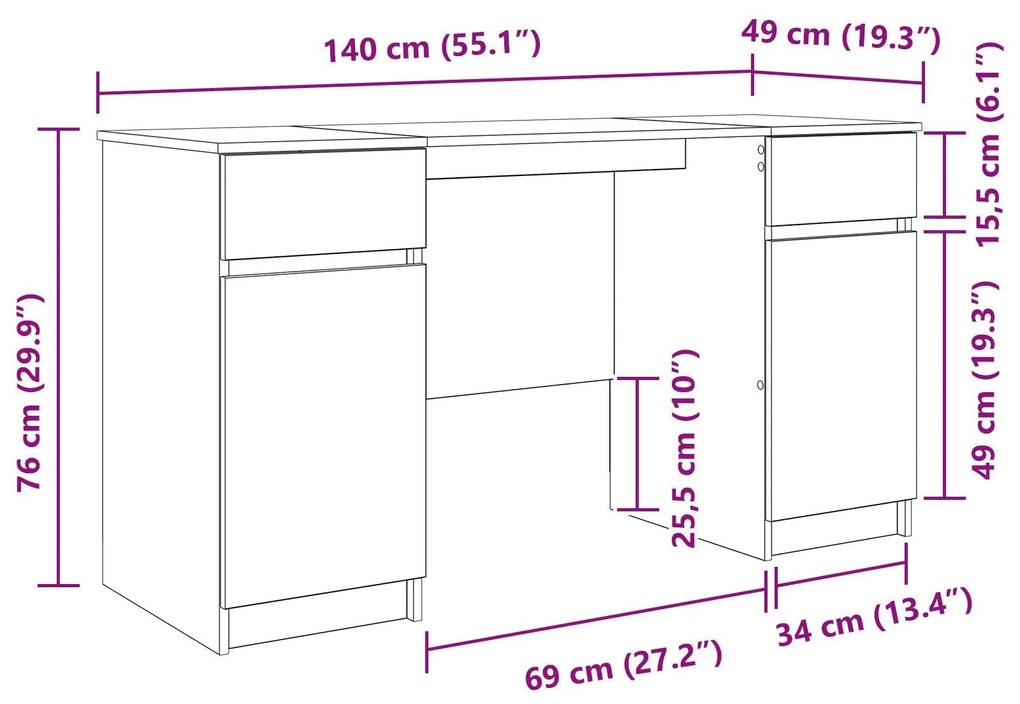 Mesa vidaXL Artisan Carvalho 140x49x76 cm Madeira de engenharia