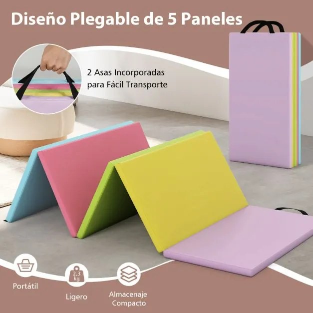 Tapete de ginástica dobrável 201 x 75 x 3 cm com 5 painéis para crianças, com alças de transporte para treino de ioga multicolorido 1