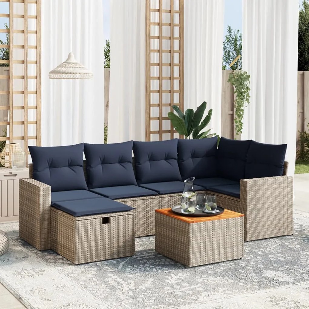 vidaXL 7 pcs conjunto sofás p/ jardim c/ almofadões vime PE cinzento