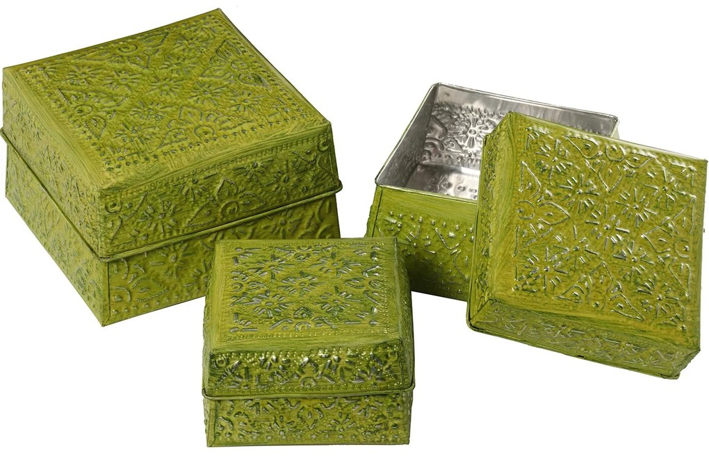 Conjunto 3 Caixas Latão - Verde, 12x12x8+10x10x6+8x8x6cm