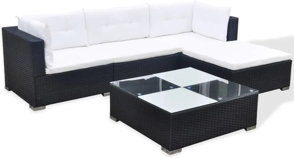 5 pcs conjunto lounge de jardim c/ almofadões vime PE preto