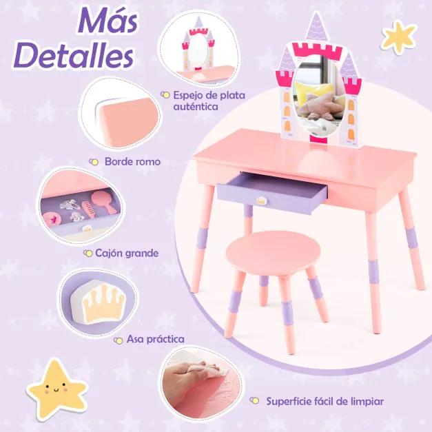 Conjunto toucador meninas tema castelo com gaveta e capa removível, diversos acessórios para meninas rosa Rosa
