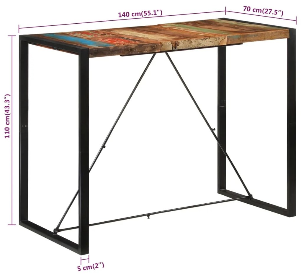 Mesa de bar 140x70x110 cm madeira recuperada maciça
