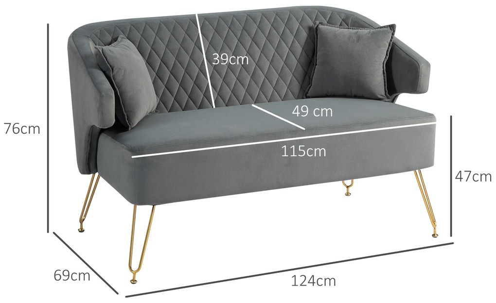 Sofá de 2 Lugares Estofado em Veludo Sofá Sala de Estar com 2 Almofadas e Pés de Aço Dourado Sofá Pequeno 124x69x76 cm Cinza