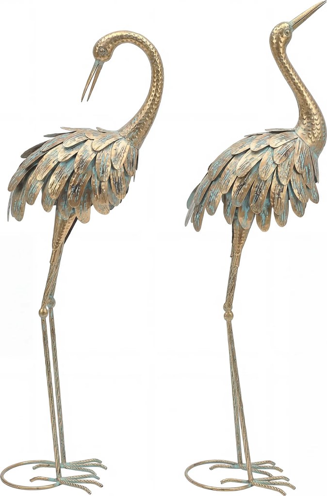 Conjunto de 2 estátuas de jardim, escultura de garça em metal, estátuas de aves 91/95 cm, para pátio, lago, terraço, dourado/azul