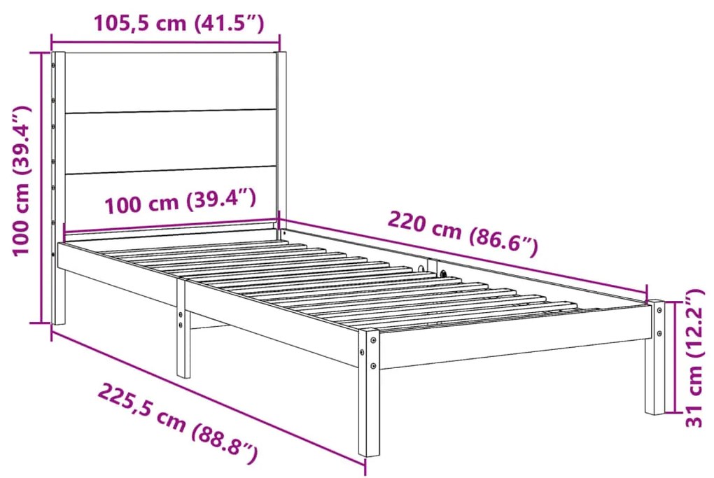 Cama extra longa sem colchão 100x220 cm madeira maciça