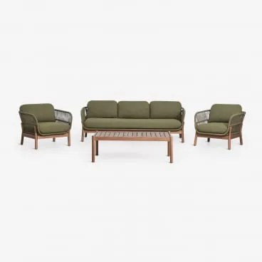 Conjunto De Jardim Com Sofá De 3 Lugares, 2 Poltronas E Mesa De Centro Em Madeira De Acácia E Corda Trançada Karvia Castanho Acácia & Bouclé Verde Sál