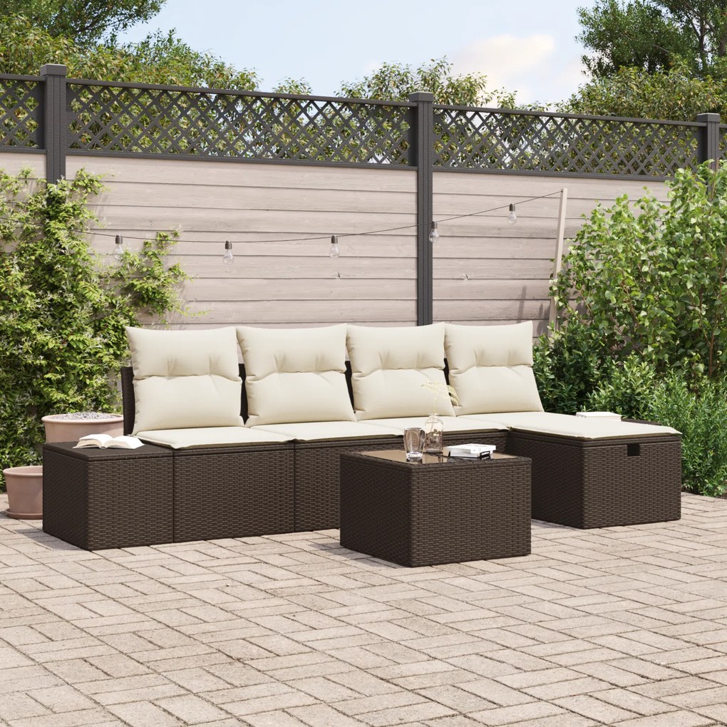 Conjunto de Sofá de Jardim com Almofadas Marrom de Rattan Polímero