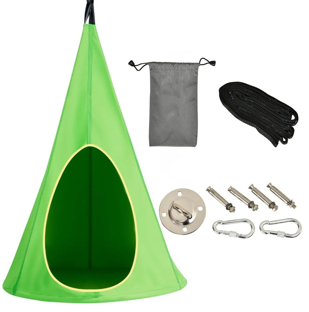 Tenda de brincar destacável com cadeira de baloiço estilo Nest com 2 janelas e corda ajustável com carga de 113 kg Verde