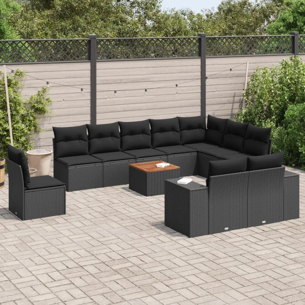 11 pcs conjunto sofás de jardim c/ almofadões vime PE preto