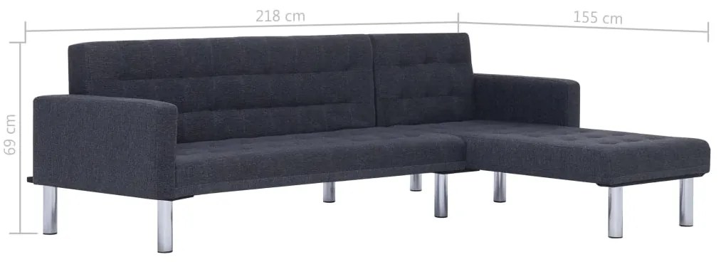 Sofá-cama com formato em L poliéster cinzento-escuro