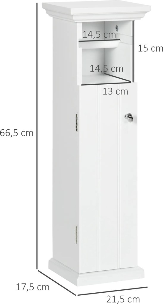 Móvel de casa de banho 21,5 x 17,8 x 66,5 cm com suporte para papel higiénico, armário e saída para o papel, branco