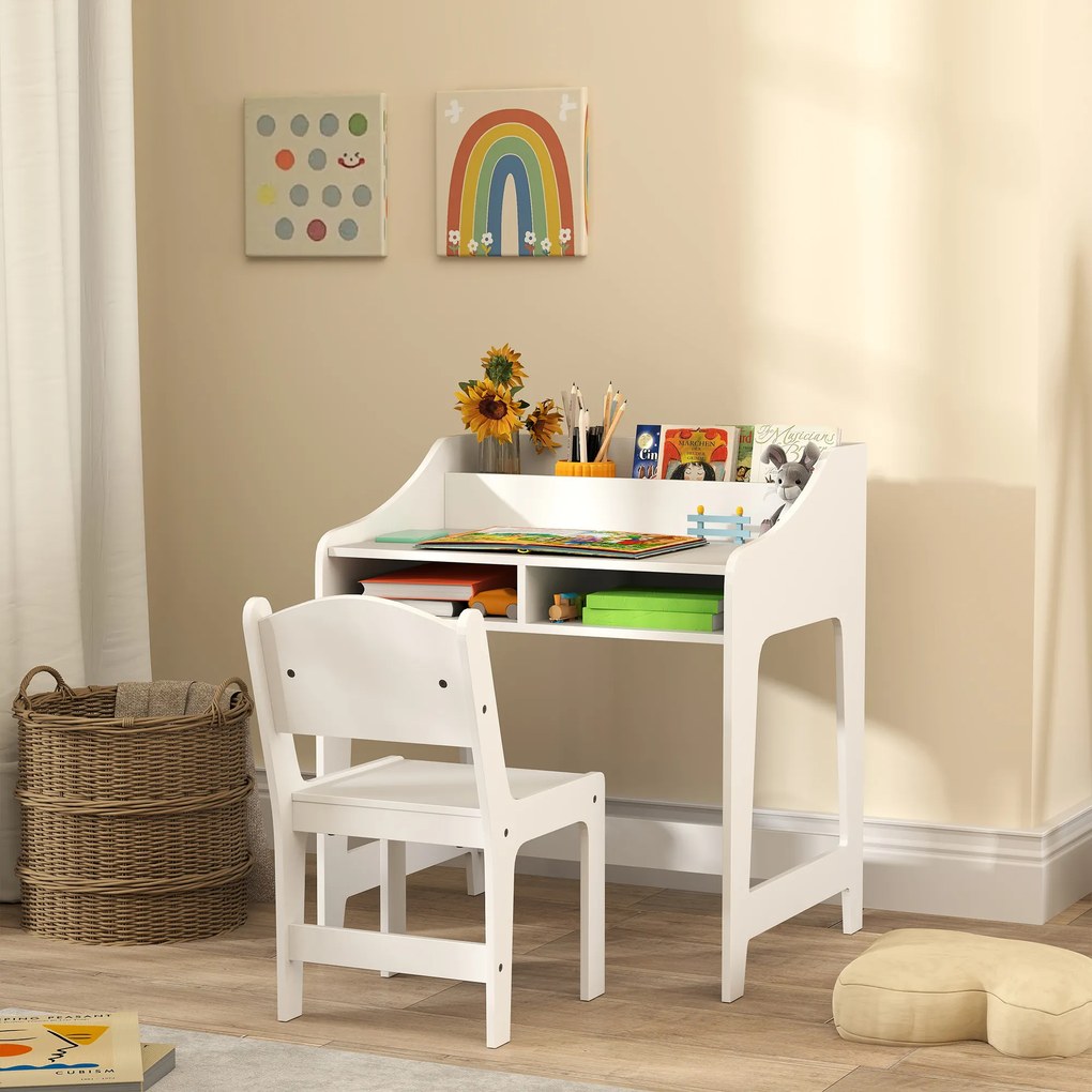 Conjunto de secretária e cadeira para crianças dos 3 aos 8 anos, com compartimentos e prateleiras abertas, branco