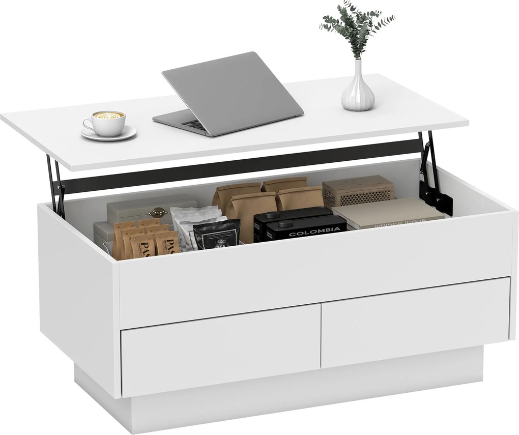 Mesa de centro com altura ajustável, mesa de sala com compartimento oculto e 2 gavetas, 100 x 50 x 44 cm, branca