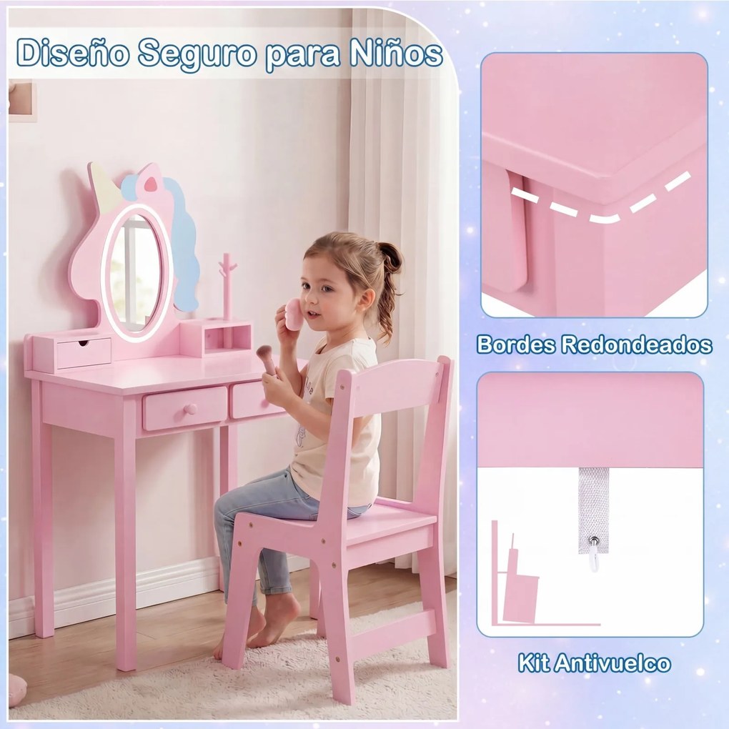 Conjunto de Toucador Infantil com Espelho de Unicórnio e Cadeira, 59 x 35 x 103 cm, Iluminação LED Ajustável, Rosa