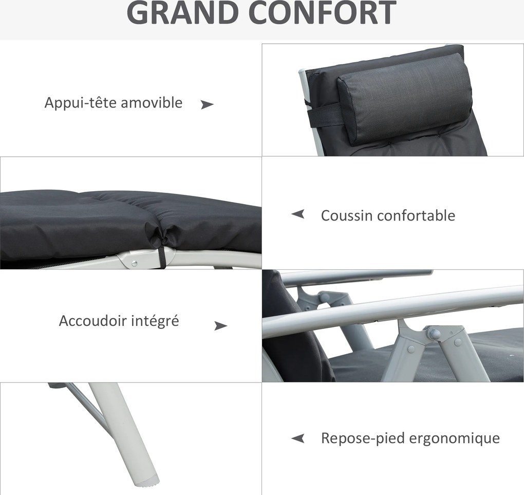 Espreguiçadeira dobrável com 7 posições de inclinação, espreguiçadeira de grande conforto com colchão + braços em metal com revestimento epóxi e tecid