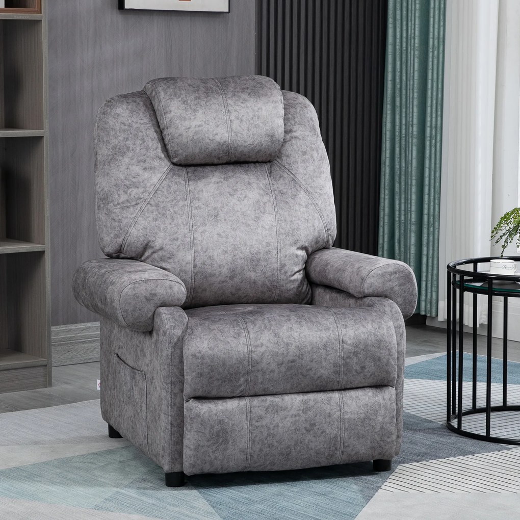 Poltrona Relax Reclinável com Apoio para os Pés Retrátil Encosto Alto Bolso Lateral Acolchoado Grosso 88x91x108 cm Cinzento