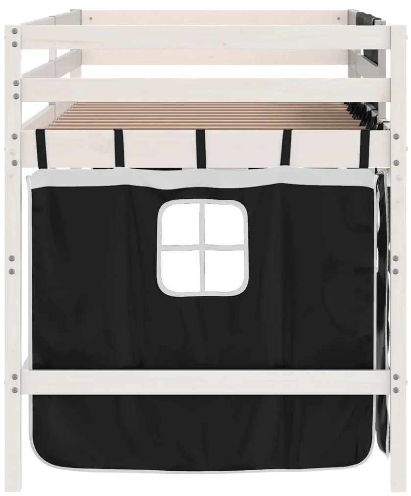 Cama alta criança c/ cortina 80x200cm pinho maciço branco/preto