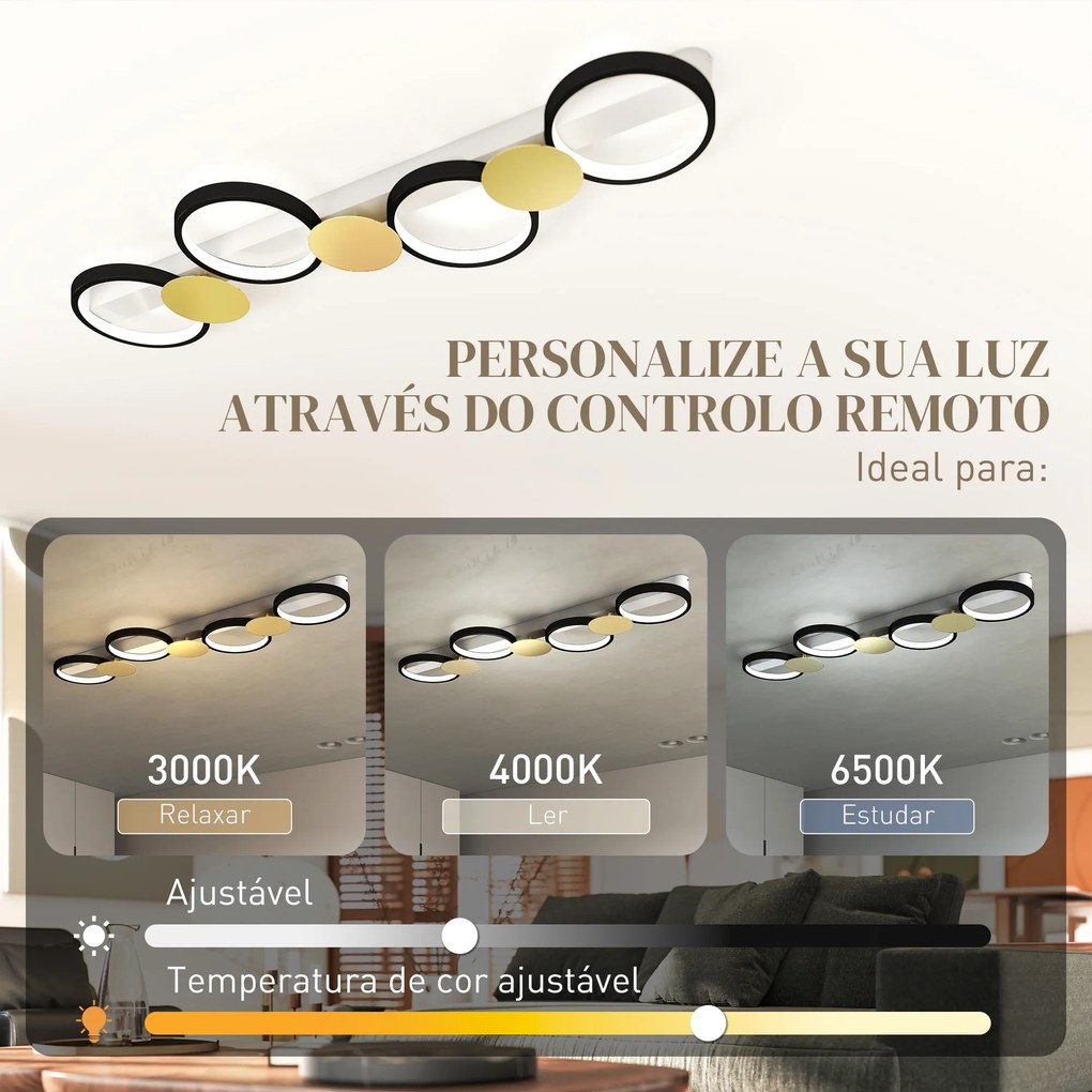 Candeeiro de Teto Regulável com 4 Focos Controlo Remoto Modos de Cena 1500 lm 38 W 3000 K-6500 K 100x31x7 cm Preto e Dourado