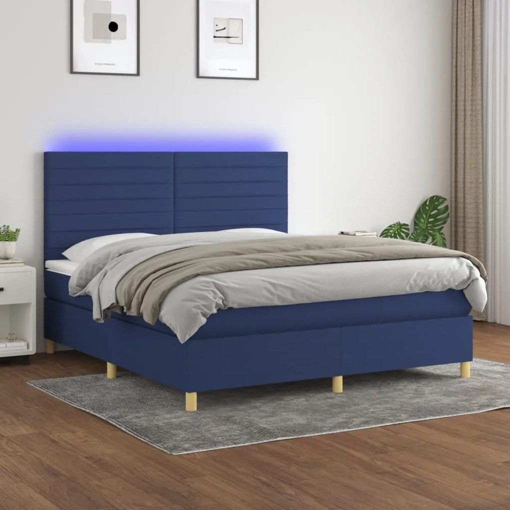 Cama box spring c/ colchão e LED 160x200 cm tecido azul