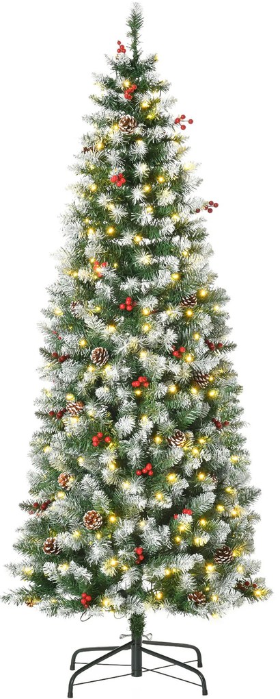 HOMCOM Árvore de Natal Nevada Artificial 180cm com 300 Luzes LED Branco Quente 618 Ramos Ignífugos de PVC Decorações Incluidadas e Base Dobrável Ø65x180cm Verde