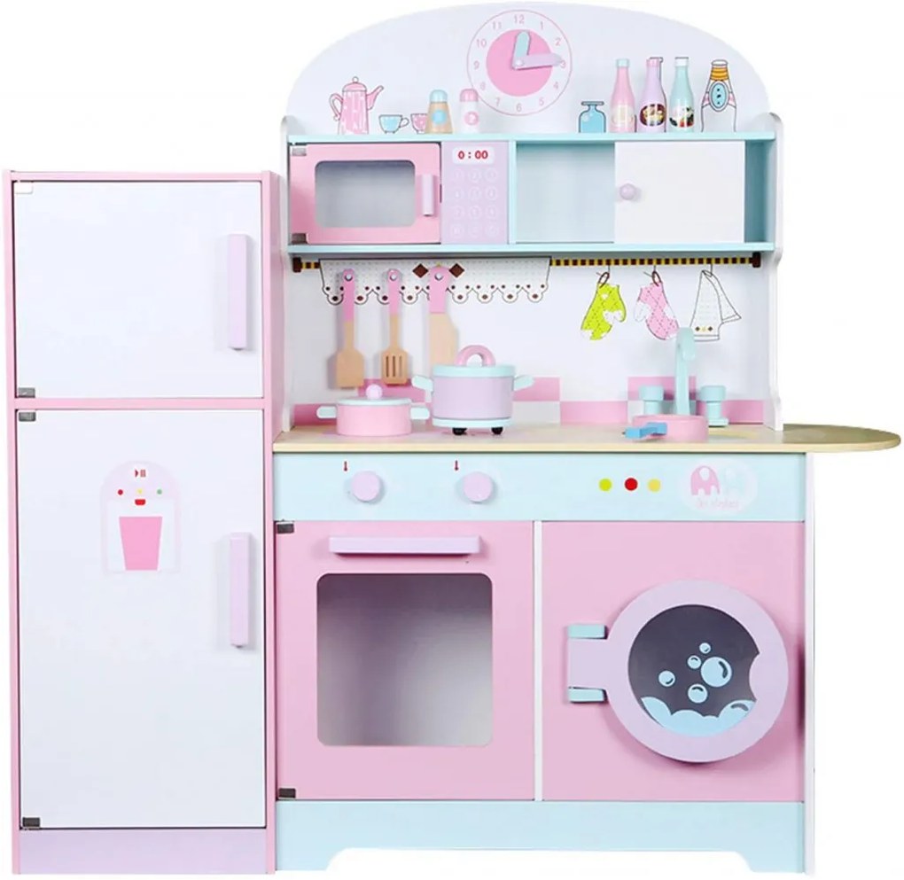 Cozinha de brincar de madeira rosa com frigorifico
