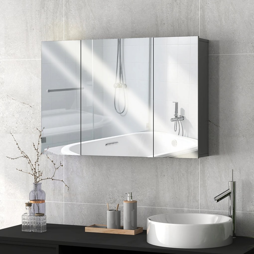 Armário de parede para casa de banho 90 x 15 x 60 cm com 3 portas espelhadas e prateleiras ajustáveis em MDF cinzento