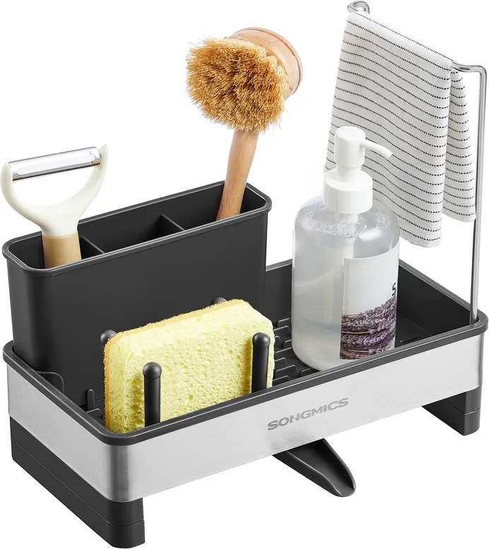 Organizador para lava-louças 12,7 x 24,7 x 23 cm com suporte para esponjas e escovas em Preto e prateado