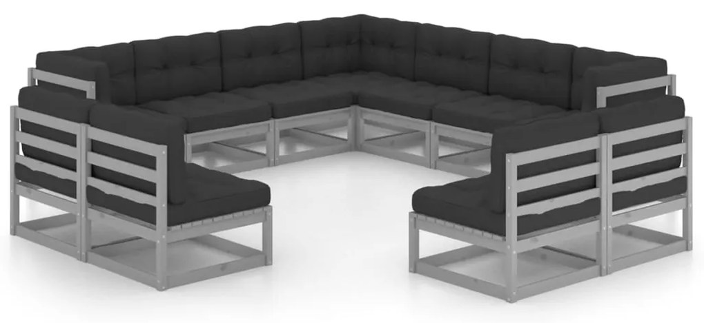 11 pcs conj. lounge jardim c/ almofadões pinho maciço cinzento