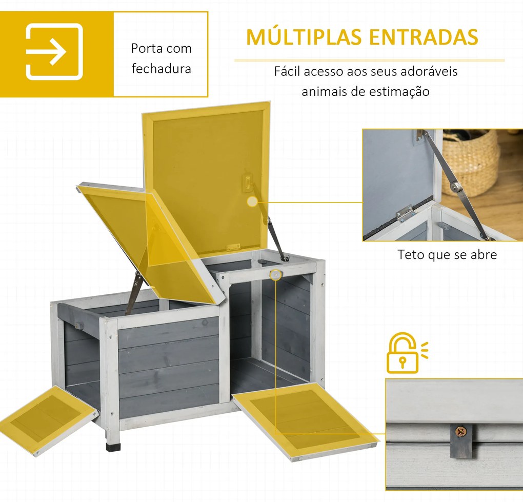 PawHut Coelheira de Madeira de Exterior Casa Elevada para Coelhos Roedores com Tetos Asfálticos Abatível e 2 Portas Convertíveis em Rampas 70x43x45cm Cinza