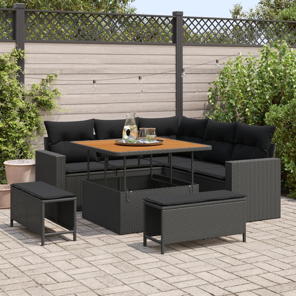 Conjunto de Sofás de Jardim vidaXL de 8 Peças com Almofadas Preto Ratt