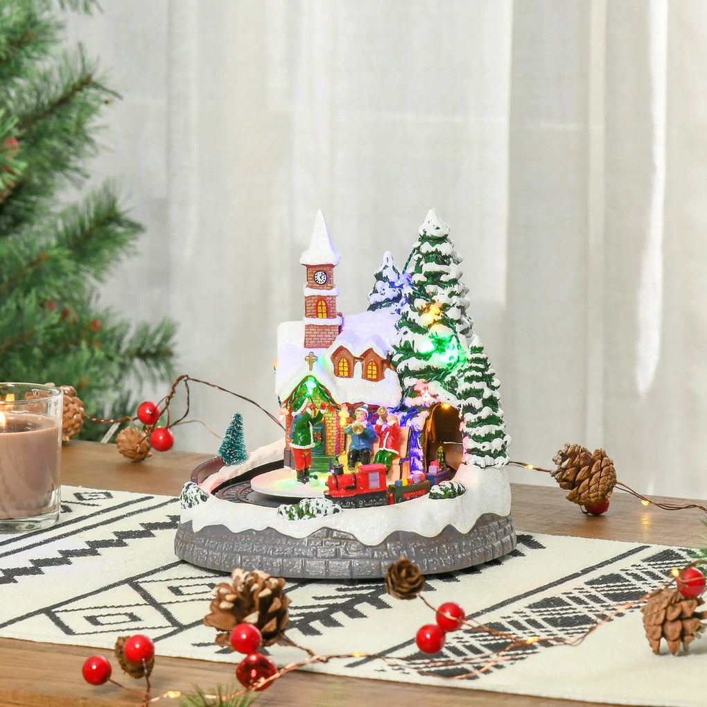 HOMCOM Aldeia de Natal com Luzes LED Trem Giratório e Música Decoração de Natal 19,3x17,9x20,2cm Multicor