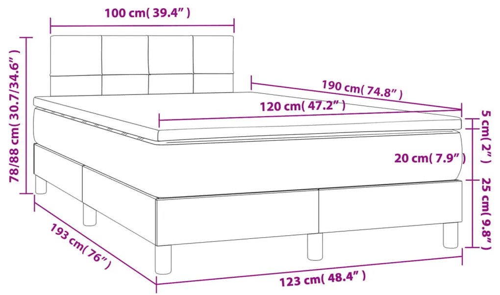 Cama box spring c/ colchão/LED 120x190cm tecido castanho-escuro
