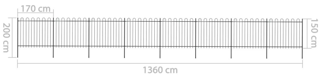 Cerca de jardim com topo em aros 13,6x1,5 m aço preto
