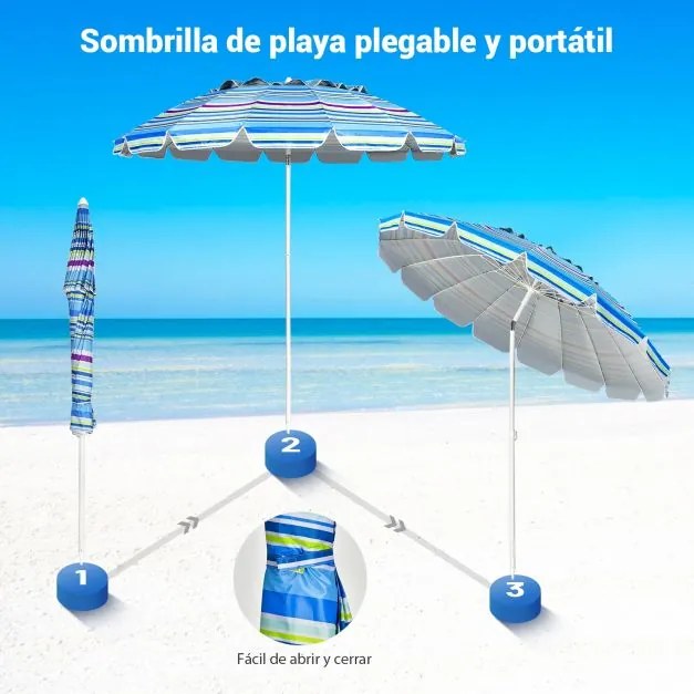 Guarda-sol de praia ajustável com proteção solar UPF50+ Guarda-sol de exterior portátil inclinável para jardim 2,2 x 2,45 m Azul claro