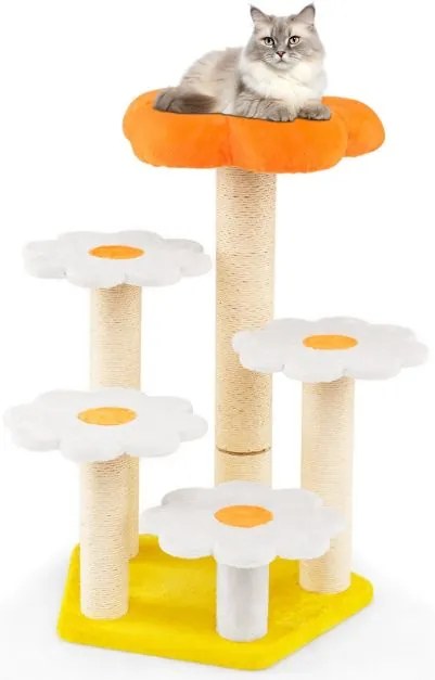 Arranhador para gatos com vários níveis e peluche no topo Poste para arranhar em sisal Plataformas para saltar 59 x 56 x 90 cm Amarelo