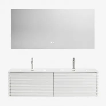 Conjunto De Móvel De Casa De Banho Suspenso 160x50 Cm Em Madeira Com Lavatórios Integrados Noura Branco & Retangular Led E - Sklum