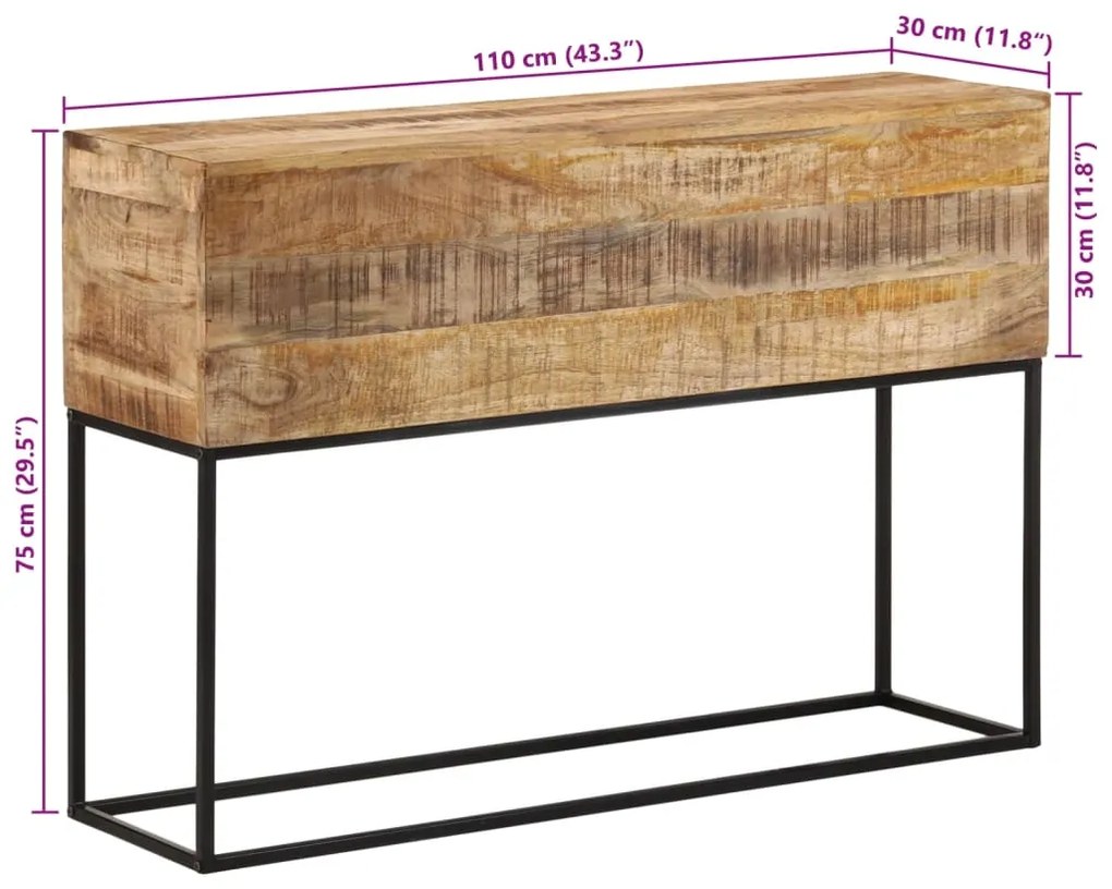 Mesa consola 110x30x75 cm madeira mangueira áspera maciça/ferro