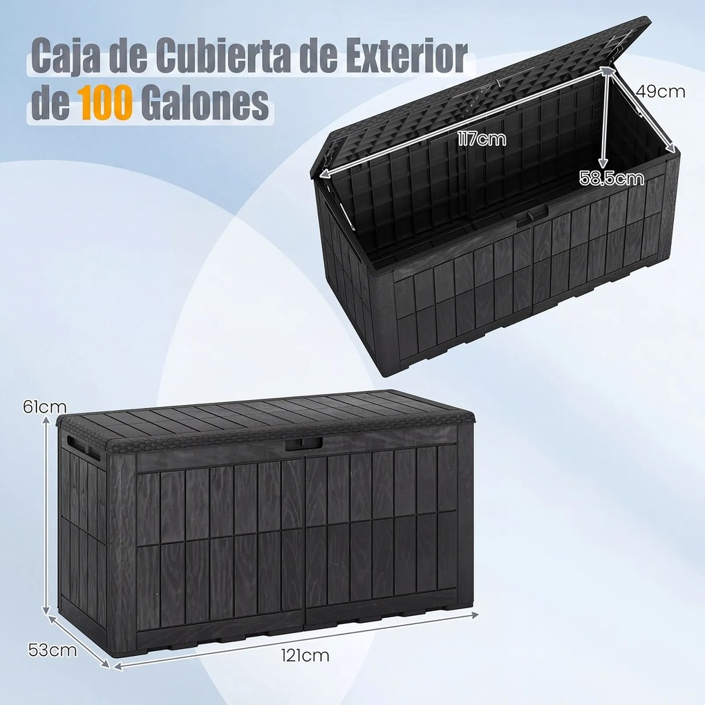 Baú de Arrumação Exterior, 121 x 53 x 61 cm, Função de Banco de Jardim, Preto