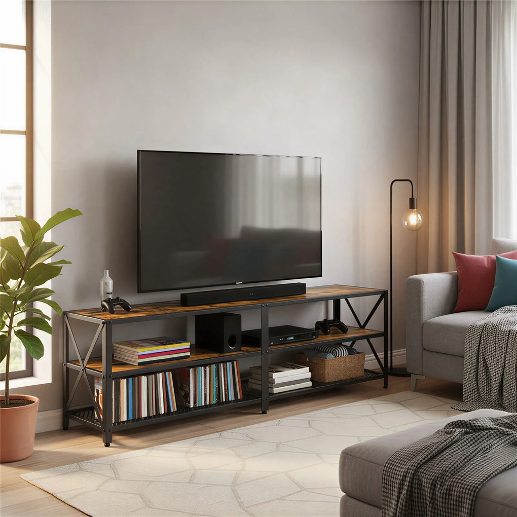 Móvel TV baixo com estrutura em aço, 178 x 39 x 52 cm com espaço de arrumação castanho-preto