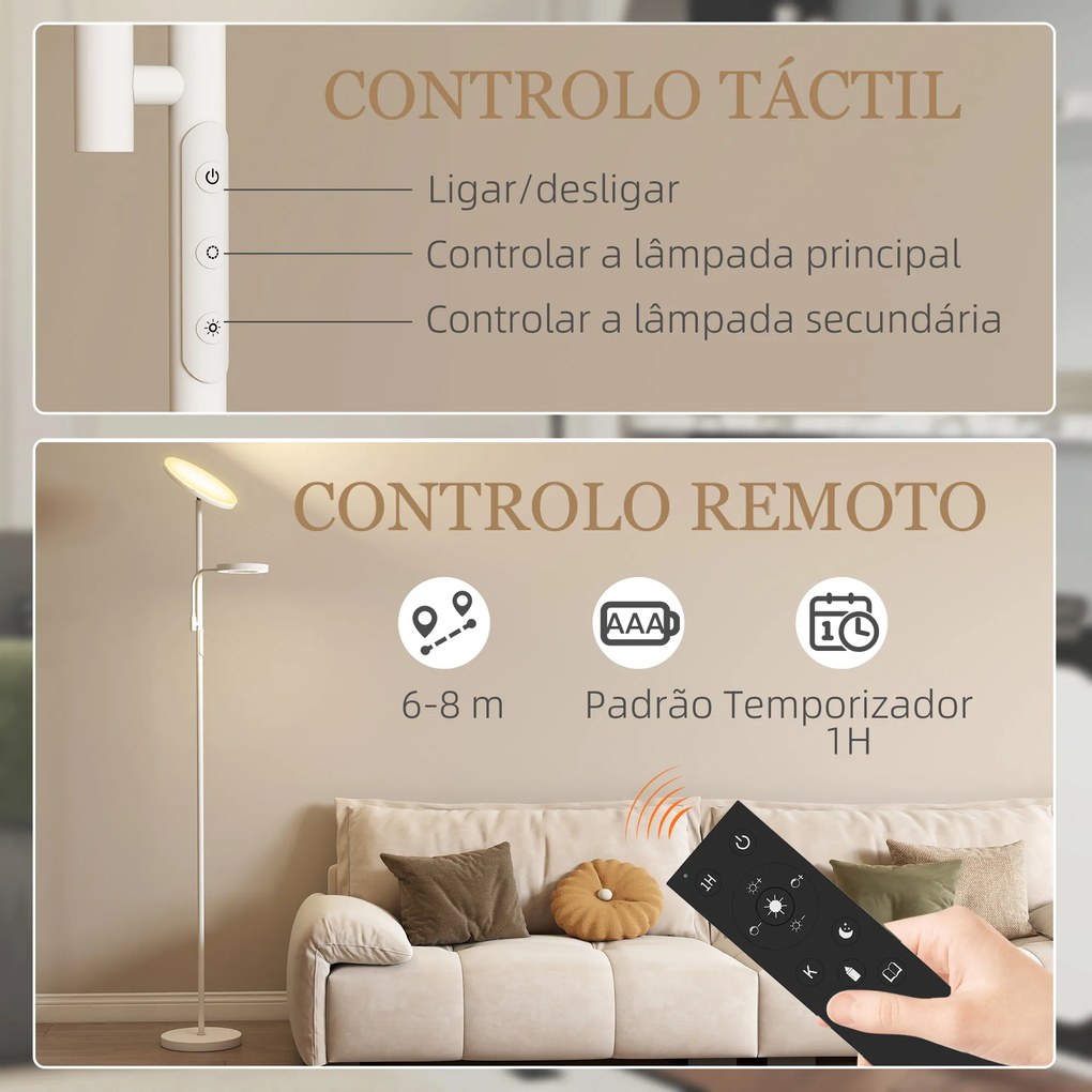Candeeiro de Pé 42W Giratório com Controlo Remoto e Táctil Temperatura de Cor e Brilho Ajustáveis Ø25x175 cm Branco