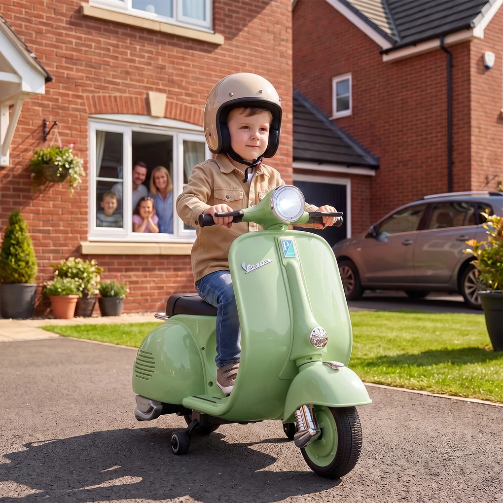 Mota Elétrica Infantil 6V Vespa com Licença Oficial, Arranque Suave, Rodinhas Desmontáveis, Luz Dianteira, Música, Buzina e USB, Verde