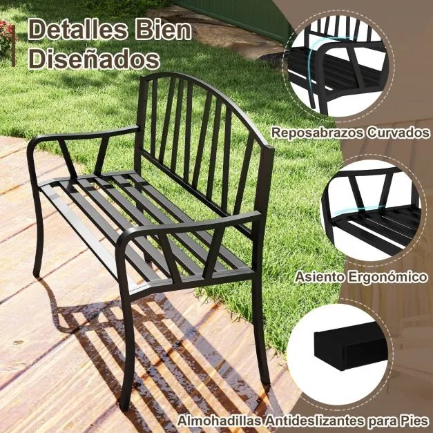 Banco de jardim em metal para 2-3 pessoas com apoios de braços curvos 129 x 53 x 93 cm Preto